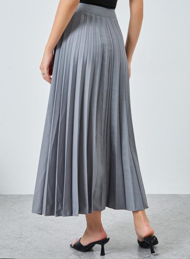 Styli Grey Slubbed Twill Pleated A-Line Maxi Skirt - Image 4