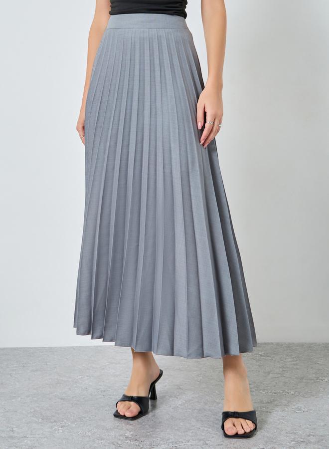 Styli Grey Slubbed Twill Pleated A-Line Maxi Skirt - Image 2