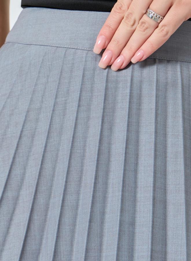 Styli Grey Slubbed Twill Pleated A-Line Maxi Skirt - Image 3