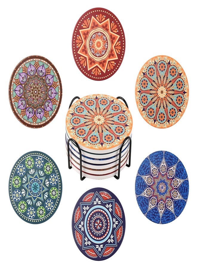 Luckforest Drink Coasters Set of 6, Absorbing Stone Mandala Ceramic Coasters for Drinks Cork Base with Black Holder for Coffee Table, Apartment, Housewarming, Bar, Holiday Party - Image 1