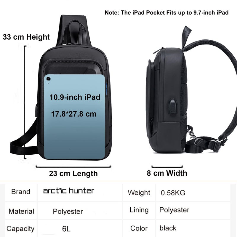 Arctic Hunter Sling Bag for Men 6L Semi-hard Chest Bag for 9.7" iPad Pocket Smart Crossbody Bag with USB Ports Water-resistant Stylish Padded Shoulder Side Bag for Biking Travel Office College, Black - Image 5