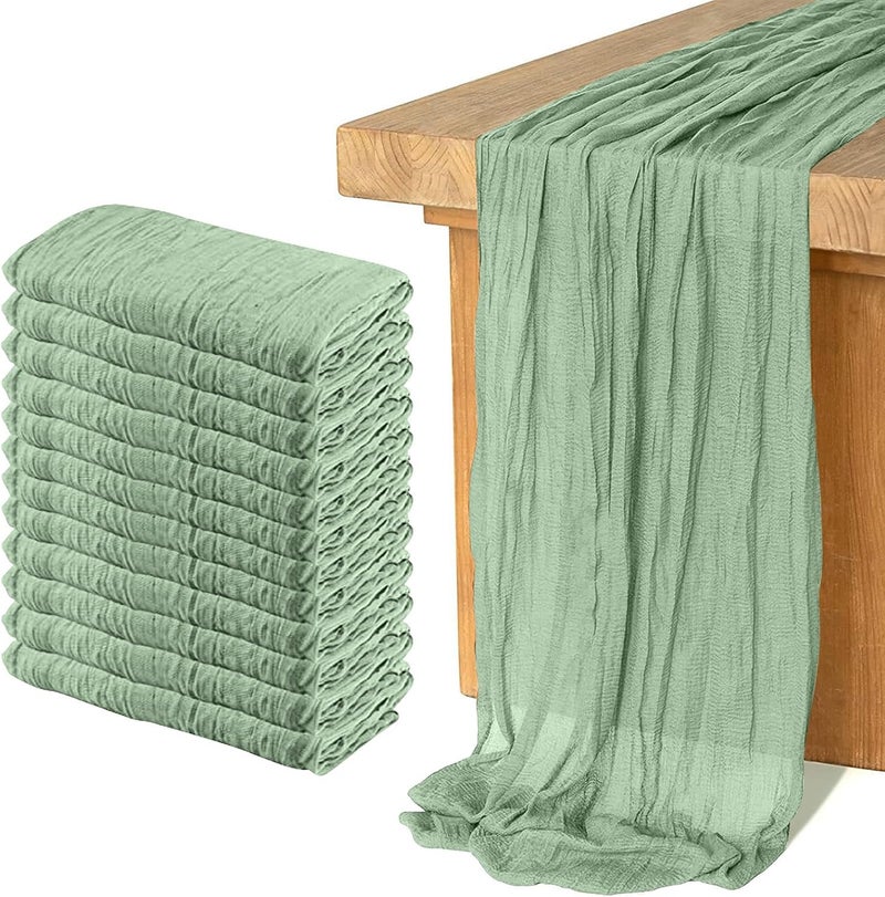 12 Pack Cheesecloth Table Runner, 10ft Rustic Sheer Runner for Wedding and Party Decor (Sage Green) - Image 1