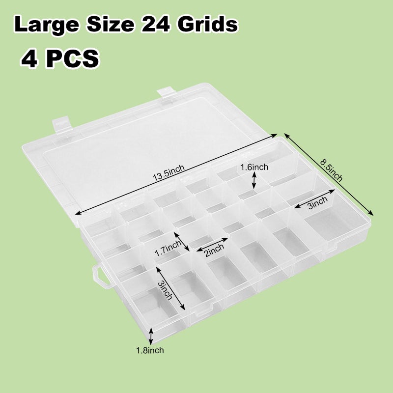 APACALI 4Pack Large 24 Grids Plastic Organizer Box with Dividers - 24 Compartment Organizer, Clear Tackle Box Organizers and Craft Storage with Adjustable Removable Divider, Fishing Organizer Box for Art DIY - Image 2