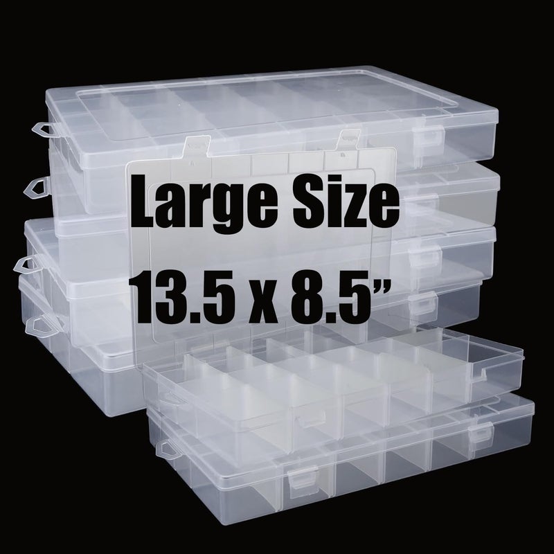 APACALI 4Pack Large 24 Grids Plastic Organizer Box with Dividers - 24 Compartment Organizer, Clear Tackle Box Organizers and Craft Storage with Adjustable Removable Divider, Fishing Organizer Box for Art DIY - Image 1