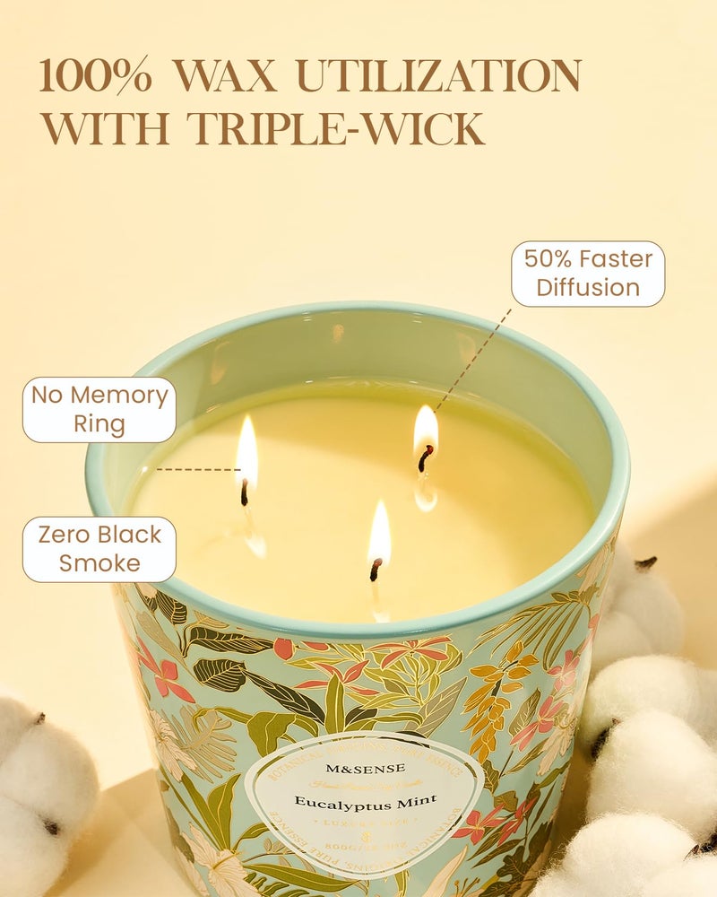 M&SENSE Eucalyptus Mint Scented Candle, 28.2oz 3 Wick Natural Soy Wax Large Candles, Long Lasting Clean Slow Burning No Toxic DÃ©cor for Home Relaxation, Romantic Dates Gift-Giving - Image 3