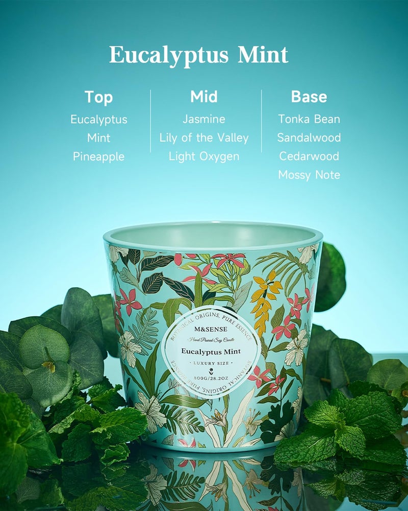 M&SENSE Eucalyptus Mint Scented Candle, 28.2oz 3 Wick Natural Soy Wax Large Candles, Long Lasting Clean Slow Burning No Toxic DÃ©cor for Home Relaxation, Romantic Dates Gift-Giving - Image 2