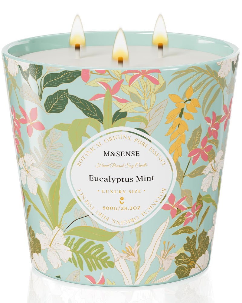 M&SENSE Eucalyptus Mint Scented Candle, 28.2oz 3 Wick Natural Soy Wax Large Candles, Long Lasting Clean Slow Burning No Toxic DÃ©cor for Home Relaxation, Romantic Dates Gift-Giving - Image 1