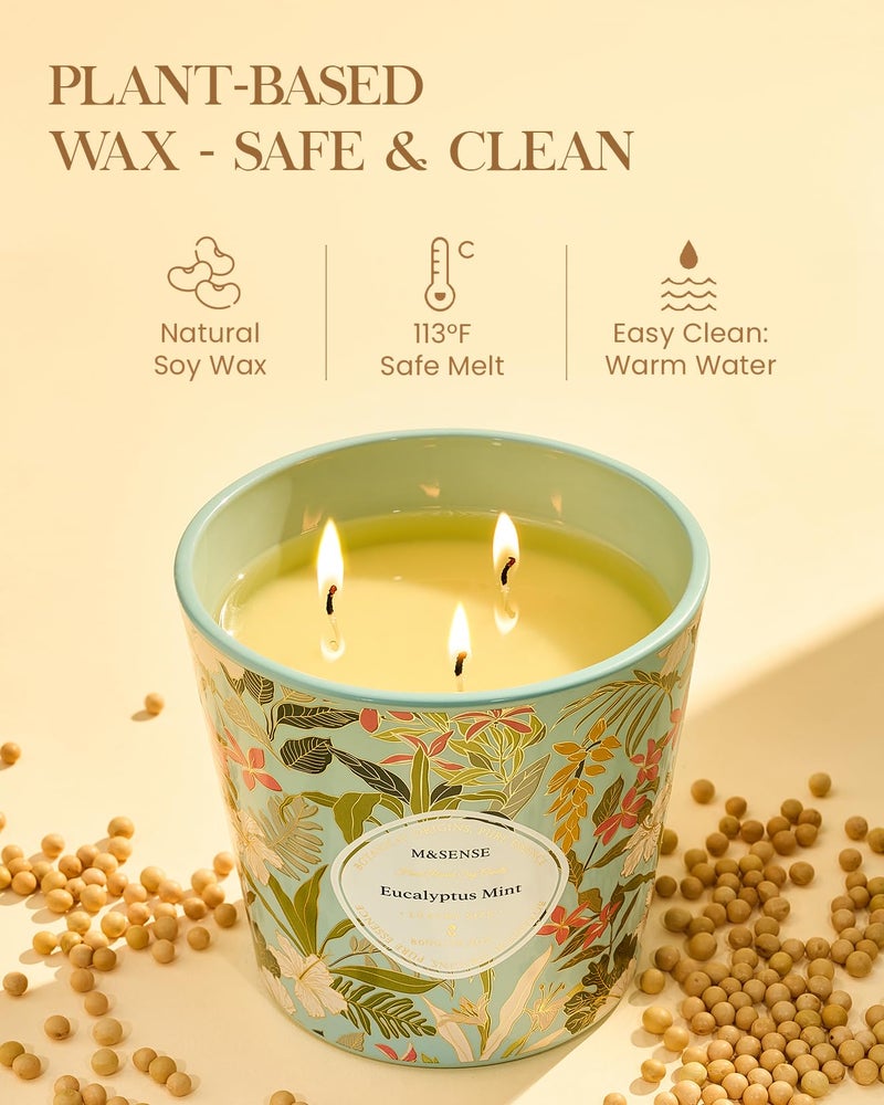 M&SENSE Eucalyptus Mint Scented Candle, 28.2oz 3 Wick Natural Soy Wax Large Candles, Long Lasting Clean Slow Burning No Toxic DÃ©cor for Home Relaxation, Romantic Dates Gift-Giving - Image 4