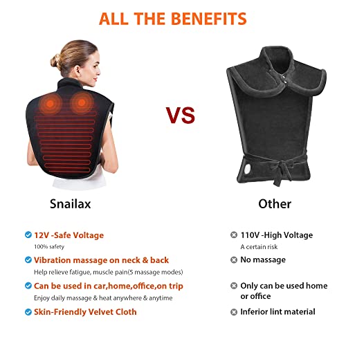 Snailax Electric Heating Pad for Neck and Shoulders,Weighted Wearable Wrap Around Heating Pads with Massager, Pain Relief,2 Heat Levels & 5 Massage Nodes,Auto Shut Off,Portable, Black - Image 3