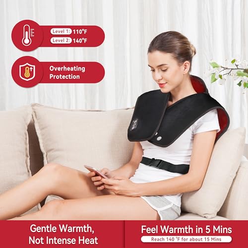 Snailax Electric Heating Pad for Neck and Shoulders,Weighted Wearable Wrap Around Heating Pads with Massager, Pain Relief,2 Heat Levels & 5 Massage Nodes,Auto Shut Off,Portable, Black - Image 2