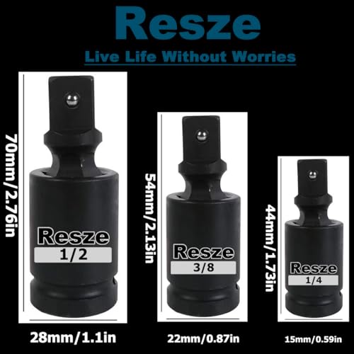 Resze 3 Pcs Universal Joint Swivel Socket Adapter Set,1/4",3/8"& 1/2"Drivers, Impact Universal Joint，U-Joint Drive Impact Grad Wobble Socket Wrench Set，Full Impact Grade - Image 4