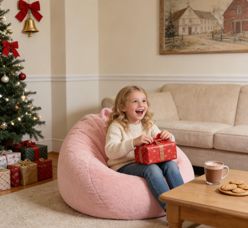 ENBAOHUI 3FT Faux Fur Comfy Memory Foam Bean Bag Chairs for Kids or Babies with Filling Bean Bag Sofa with Handle Super Soft Washable Faux Fur Fabric Lazy Sofa 3 Foot Pink - Image 2