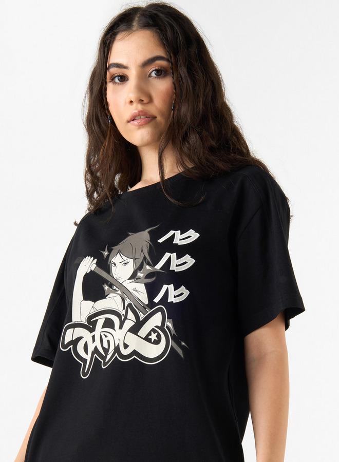 SP Characters Anime Print T-shirt with Crew Neck and Short Sleeves - Image 1