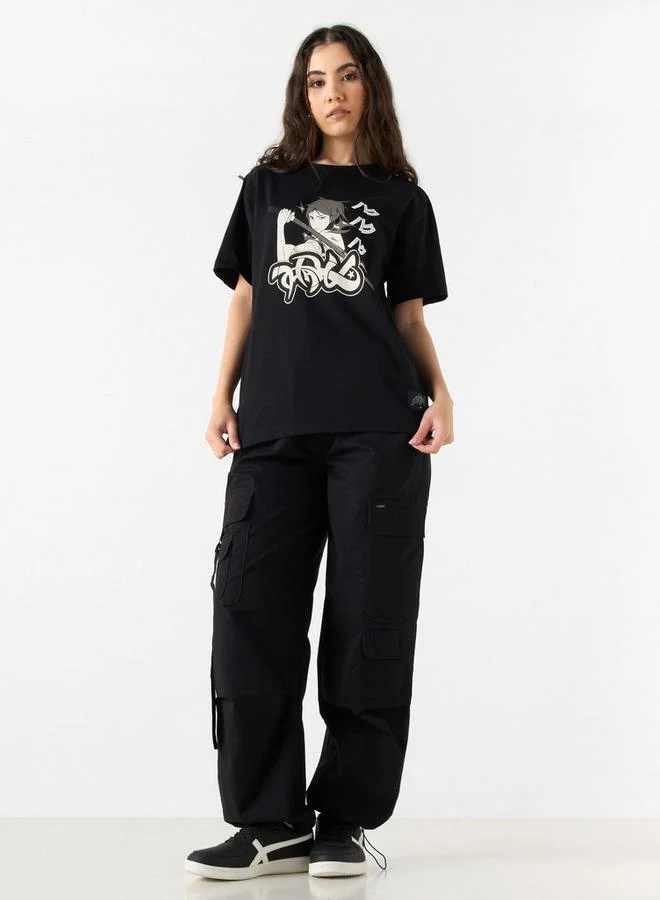 SP Characters Anime Print T-shirt with Crew Neck and Short Sleeves