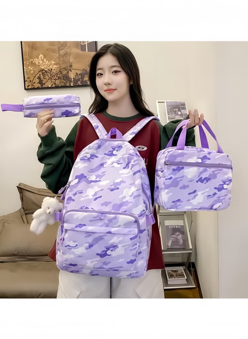 GGEROU حقيبة ظهر مدرسية للأطفال مجموعة حقيبة كتب مع صندوق غداء وحافظة أقلام حقيبة سفر لحاسوب محمول حقائب يومية غير رسمية، كامو بنفسجي - Image 1