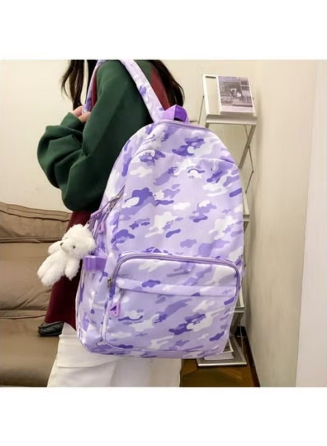 GGEROU حقيبة ظهر مدرسية للأطفال مجموعة حقيبة كتب مع صندوق غداء وحافظة أقلام حقيبة سفر لحاسوب محمول حقائب يومية غير رسمية، كامو بنفسجي - Image 3