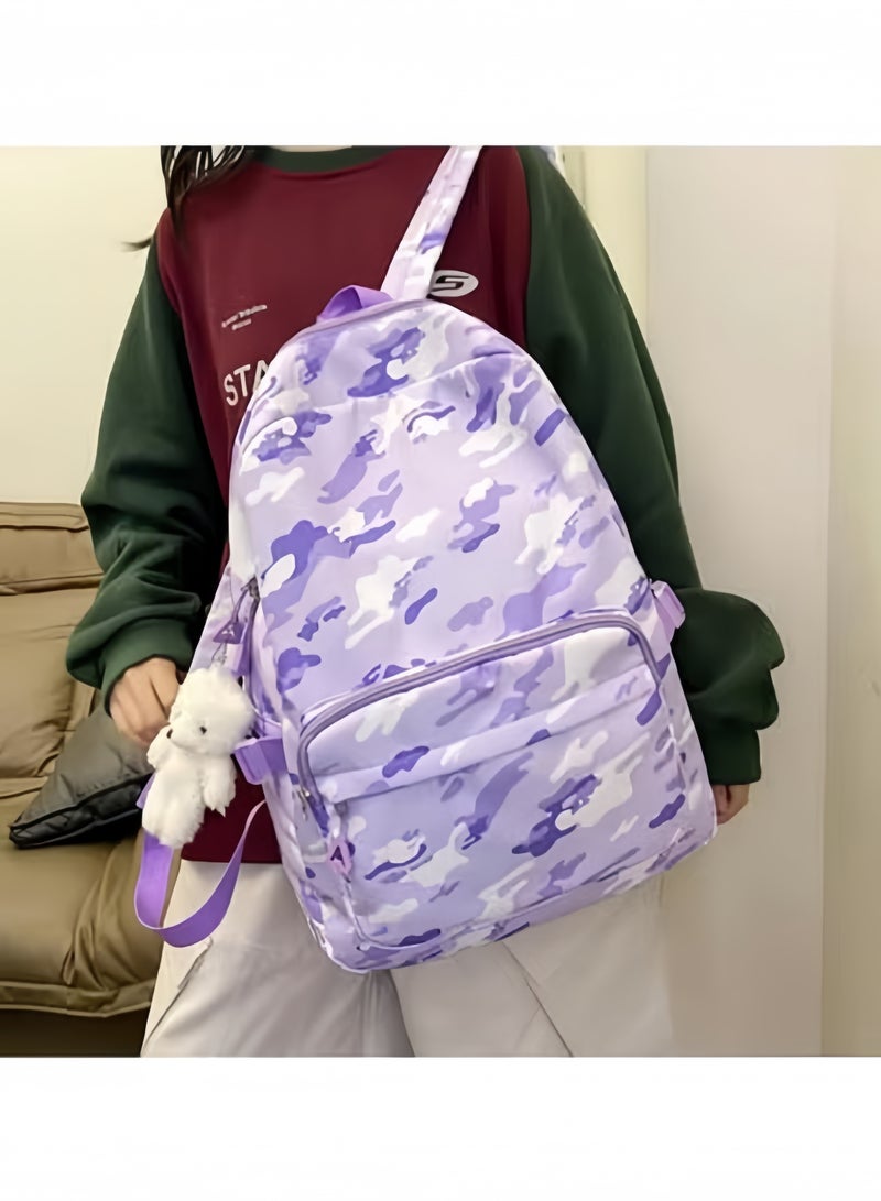 GGEROU حقيبة ظهر مدرسية للأطفال مجموعة حقيبة كتب مع صندوق غداء وحافظة أقلام حقيبة سفر لحاسوب محمول حقائب يومية غير رسمية، كامو بنفسجي - Image 2