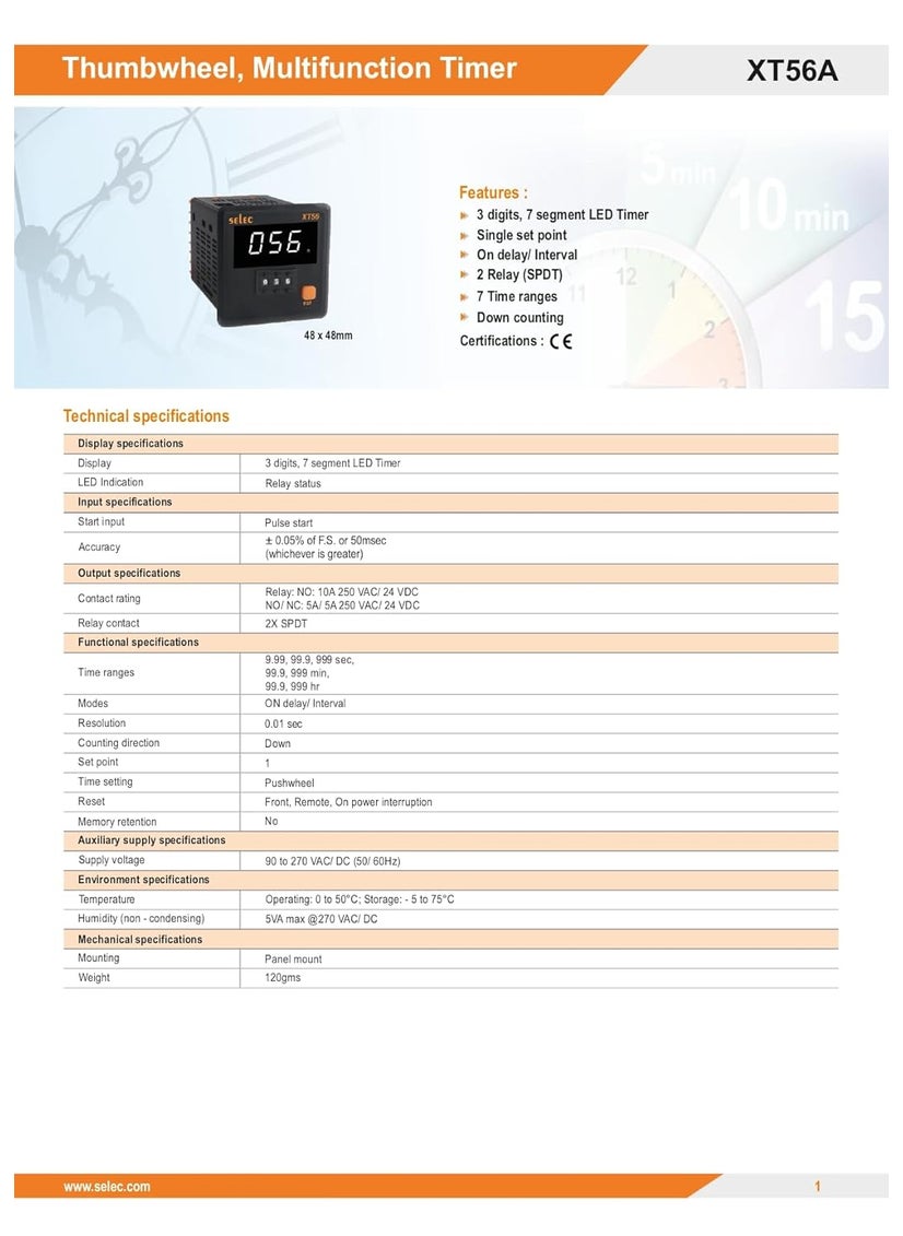 Selec Thumbwheel Timer with On delayInterval Function 48x48 mm SELEC XT56A White Display Short DepthSame as XT56N  - Image 2