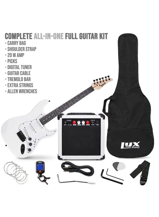 LyxPro 39 inch Electric Guitar Kit Bundle with 20w Amplifier, All Accessories, Digital Clip On Tuner, Six Strings, Two Picks, Tremolo Bar, Shoulder Strap, Case Bag Starter kit Full Size - White - Image 2