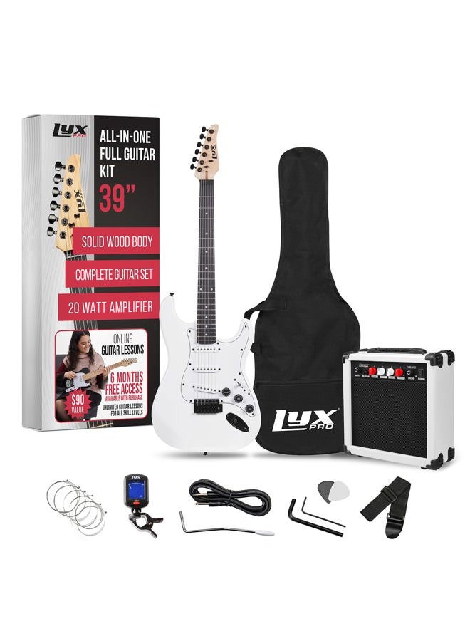 LyxPro 39 inch Electric Guitar Kit Bundle with 20w Amplifier, All Accessories, Digital Clip On Tuner, Six Strings, Two Picks, Tremolo Bar, Shoulder Strap, Case Bag Starter kit Full Size - White - Image 1