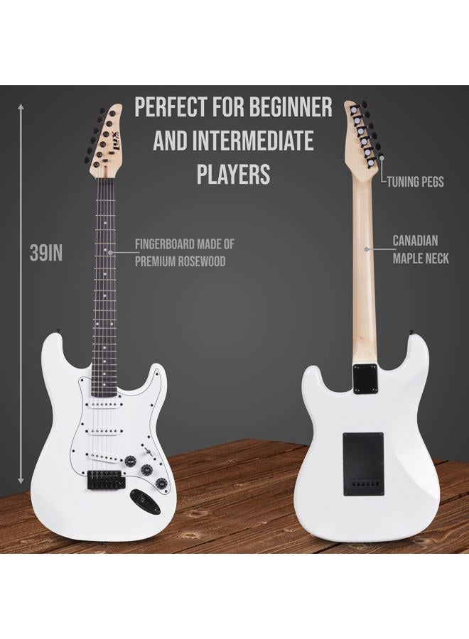 LyxPro 39 inch Electric Guitar Kit Bundle with 20w Amplifier, All Accessories, Digital Clip On Tuner, Six Strings, Two Picks, Tremolo Bar, Shoulder Strap, Case Bag Starter kit Full Size - White - Image 3
