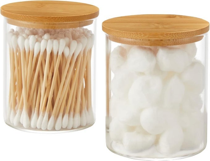 GLASS COTTON SWAB BALL PAD HOLDER 15 OZ QTIP APOTHECARY JAR CLEAR BATHROOM CONTAINER ORGANIZER DISPENSER 2 PACK