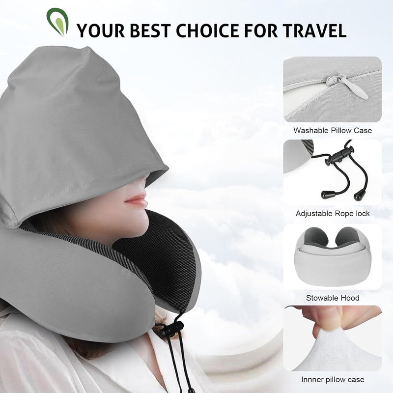 Jukkre Jukkre Memory Foam Pillow for Travel with Hood, Adult Airplane Portable Pillow for Head Rest Neck Support, Office Cars Trains Long Flights Sleeping - Image 4