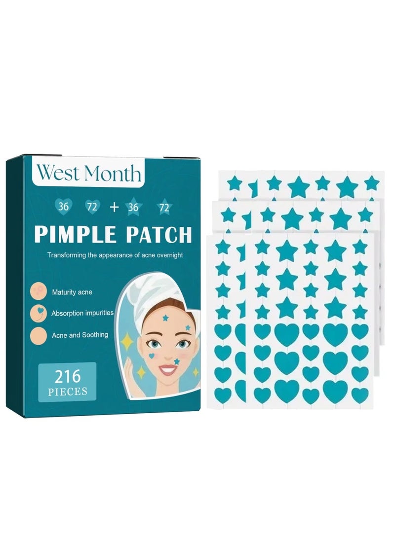 WEST MONTH 216 Pcs Pimple Patch Acne Pimple Patches Star and Heart Shape Acne Patch Treatment Face Pimple Patches Spot Cover Stickers Acne Healing Miracle Patches Acne Care Pimple Patch Absorbing Cover Acne Spot Treatment Stickers - Image 1