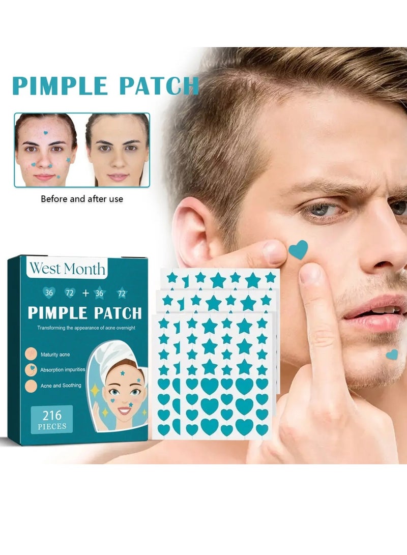 WEST MONTH 216 Pcs Pimple Patch Acne Pimple Patches Star and Heart Shape Acne Patch Treatment Face Pimple Patches Spot Cover Stickers Acne Healing Miracle Patches Acne Care Pimple Patch Absorbing Cover Acne Spot Treatment Stickers - Image 2