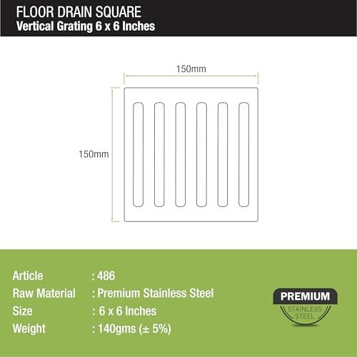 LIPKA 6 x 6 Inches Vertical Grating Floor Drain | Premium Stainless Steel Drain Cover for Bathroom, Kitchen, Balcony, Terrace, Commercial Use | Rust-Free & Anti-Clog Square Drain Trap - Image 2