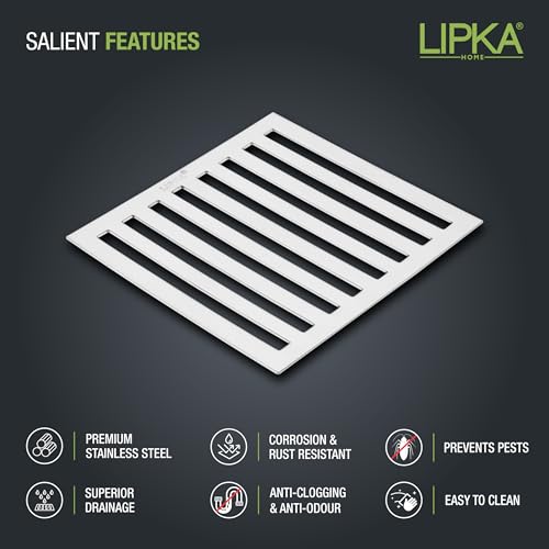 LIPKA 6 x 6 Inches Vertical Grating Floor Drain | Premium Stainless Steel Drain Cover for Bathroom, Kitchen, Balcony, Terrace, Commercial Use | Rust-Free & Anti-Clog Square Drain Trap - Image 3
