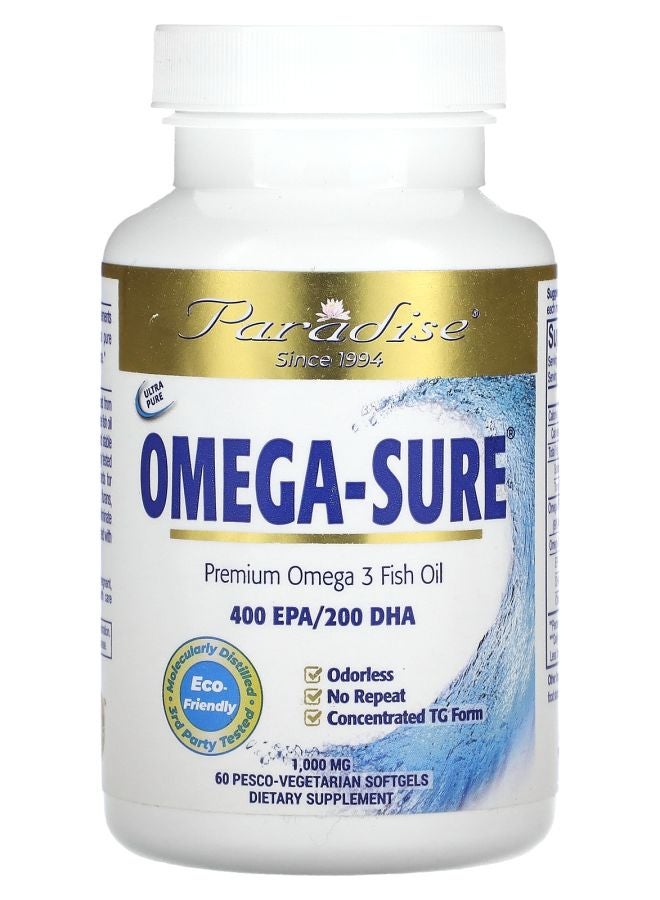 Paradise Herbs Omega Sure Premium Omega3 Fish Oil 1000 mg 60 Pesco Vegetarian Softgels