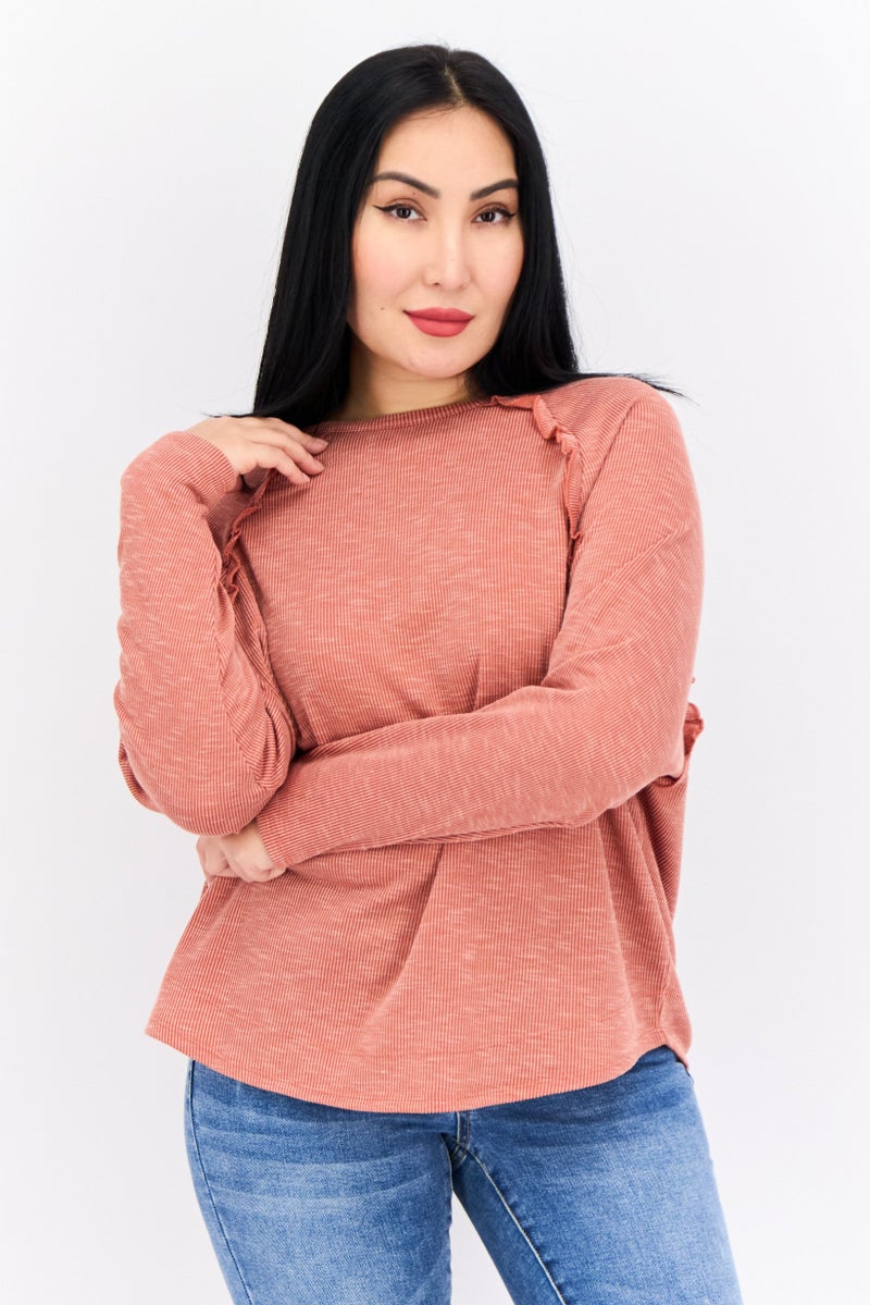89th + Madison Women Crew Neck Micro Stripe Long Sleeves Sweatshirt, Rusty Red - Image 1