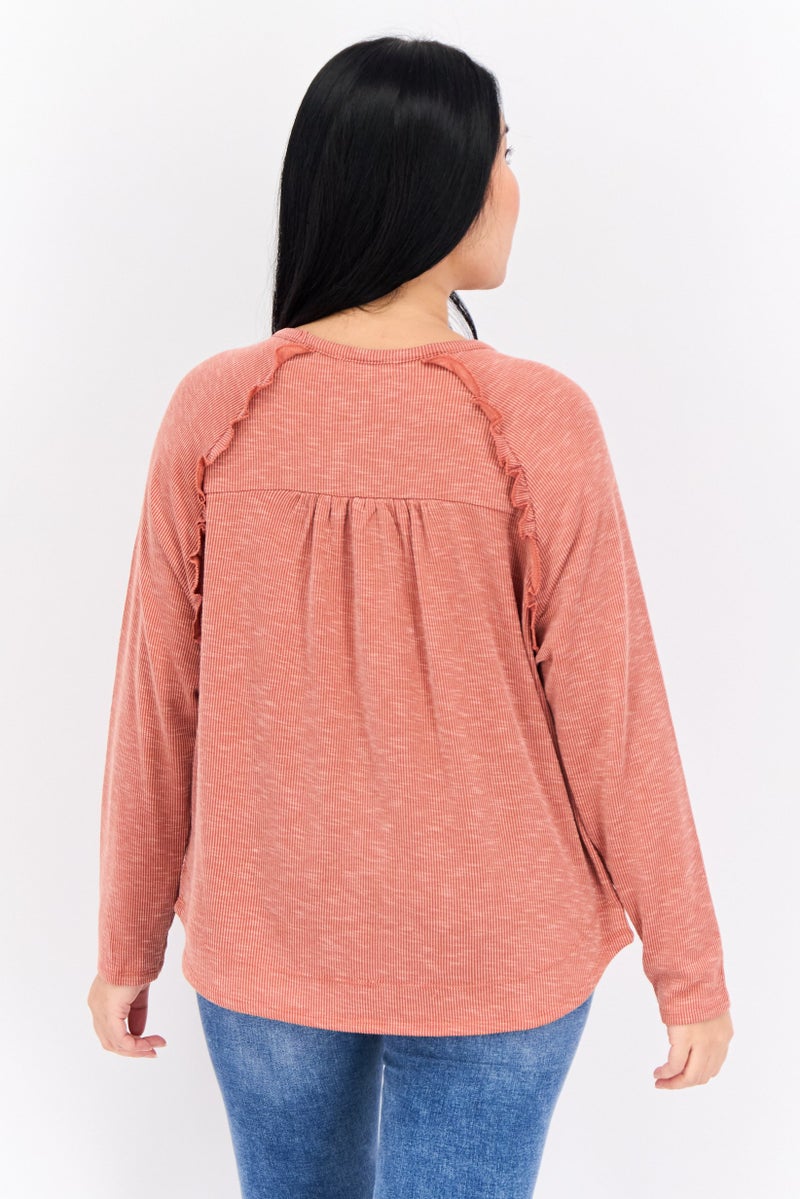 89th + Madison Women Crew Neck Micro Stripe Long Sleeves Sweatshirt, Rusty Red - Image 3
