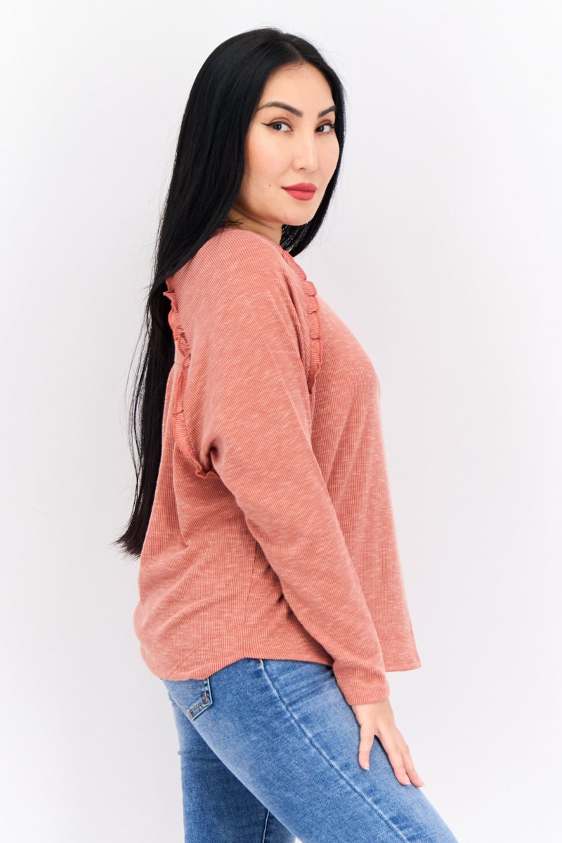 89th + Madison Women Crew Neck Micro Stripe Long Sleeves Sweatshirt, Rusty Red - Image 2