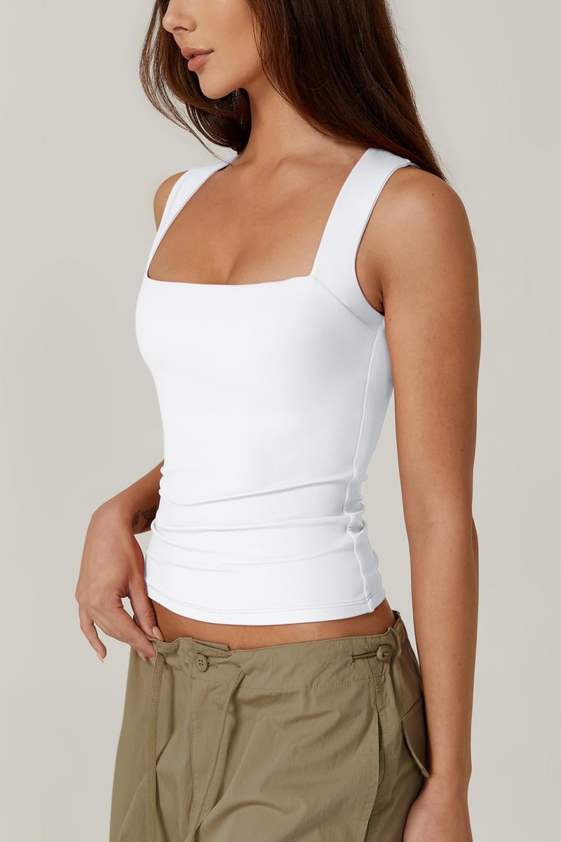 QINSEN Womens Tank Top Sleeveless Square Neck Casual Basic Fitted T- Shirts White XS - Image 2