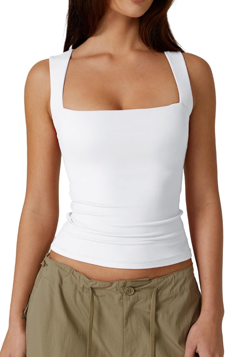 QINSEN Womens Tank Top Sleeveless Square Neck Casual Basic Fitted T- Shirts White XS - Image 1