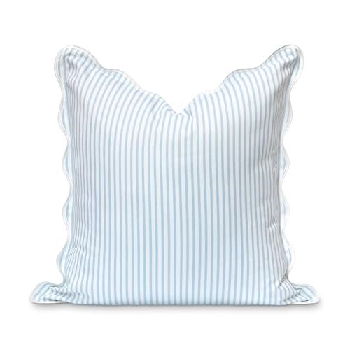 Hofdeco Premium Coastal Patio Indoor Outdoor Scalloped Throw Pillow Cover Only 20x20 Water Repellent for Backyard Couch Baby Blue Print Stripes - Image 1