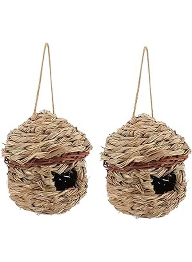 Natural Grass Woven Bird Nest Hanging House for Outdoor Backyard Decor 2 Pack - Image 1