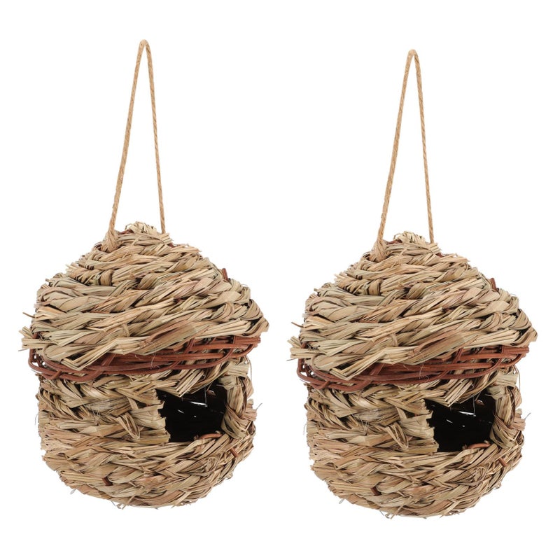 Natural Grass Woven Bird Nest Hanging House for Outdoor Backyard Decor 2 Pack - Image 2