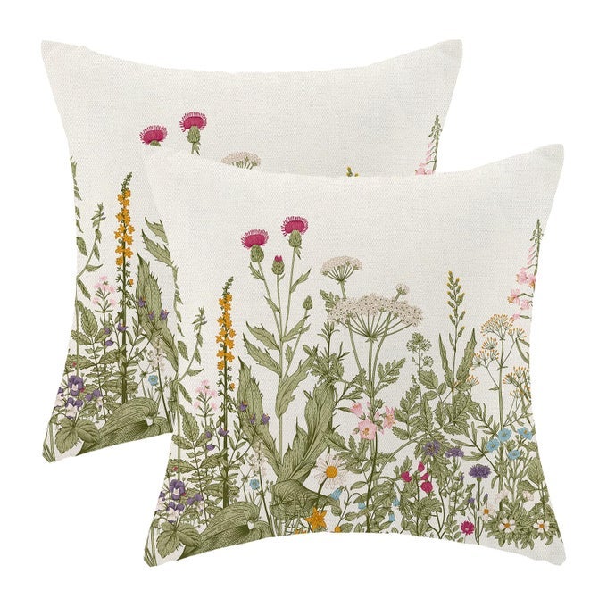 Sage Green Pillow Covers 16x16 Inch Set of 2 Spring Wildflower Plant Throw Pillows CaseSeasonal Floral Outdoor Decorative Flowers Farmhouse Decor Cushion Covers for Home Sofa Bed Couch