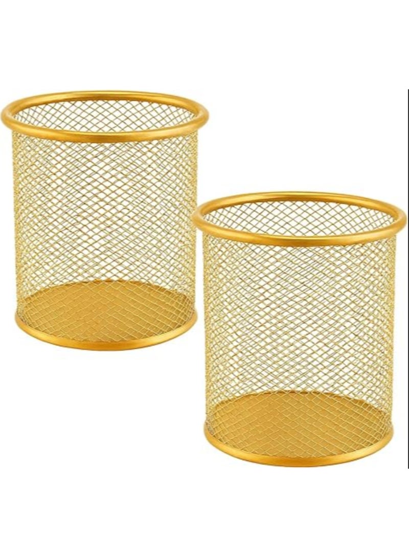 2-Pack Heavy Duty Gold Wire Mesh Pen Cups & Pots - Metal Mesh Desk Organizer, Pen & Pencil Holder for Office, Home, Classroom - Durable Space-Saving Desk Storage, Office Supplies Accessories - Image 1