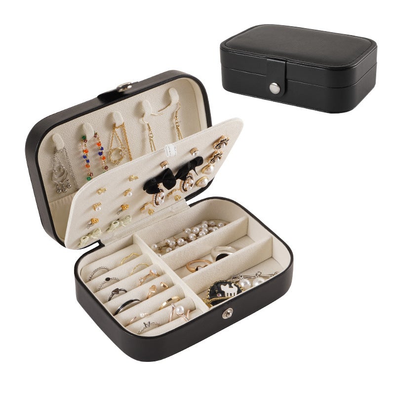 Portable Home Jewelry Box Casserole Leather Earrings Earrings Ring Necklace Jewelry Box Storage Box Simple Korean Version(Black, 16*11.5*5cm) - Image 1