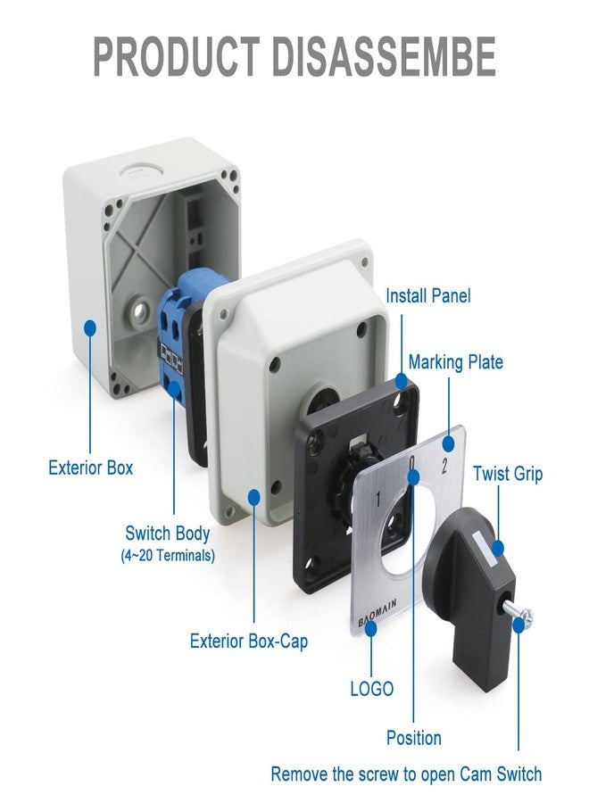 Baomain Universal Rotary Changeover Switch SZW26-20/D202.2D-W with Wider Master Switch Exterior Box 660V 20A 3 Position 2 Phase (3.15"x3.15"x3.7") - Image 5