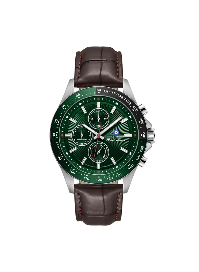 بين شيرمان Winchester Green Dial Brown Genuine Leather Strap Chronograph Watch for Men, 43.2mm