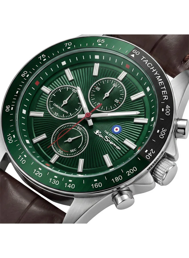 بين شيرمان Winchester Green Dial Brown Genuine Leather Strap Chronograph Watch for Men, 43.2mm