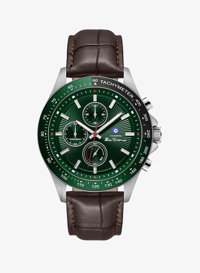 Ben Sherman Winchester Green Dial Brown Genuine Leather Strap Chronograph Watch for Men, 43.2mm