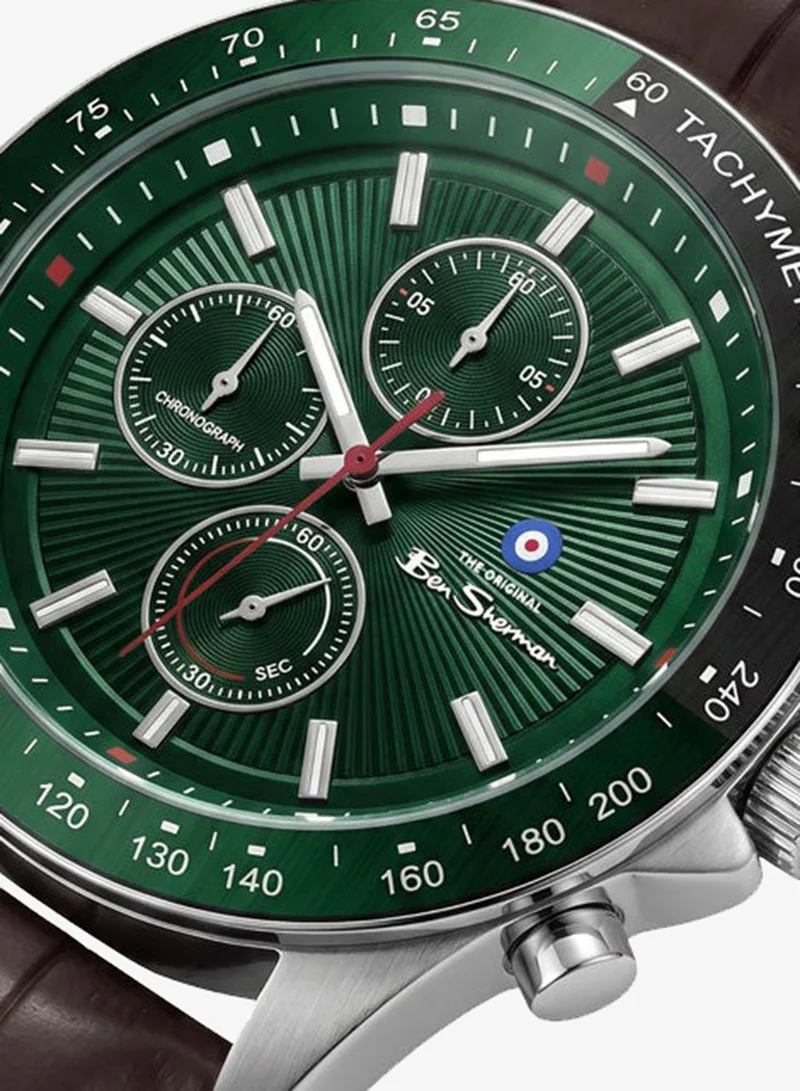 Ben Sherman Winchester Green Dial Brown Genuine Leather Strap Chronograph Watch for Men, 43.2mm