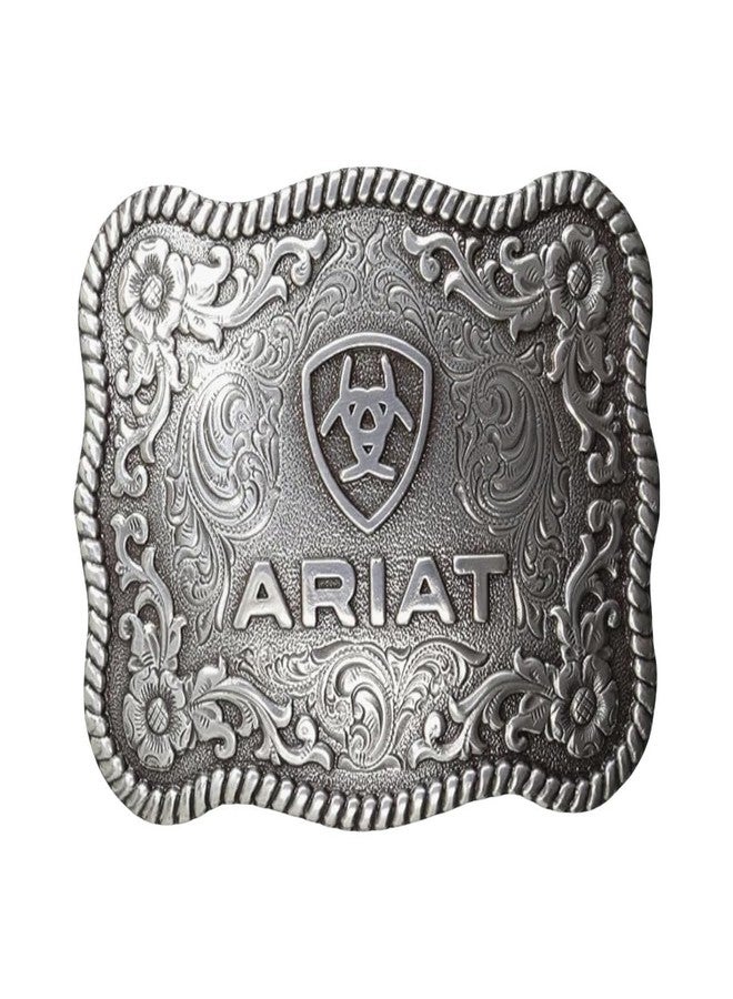 ARIAT Scalloped Logo Buckle with Twisted Rope Edge, Floral Scrolls, Filigree Detailing, 3 ¾" x 2 ¾" - Image 1