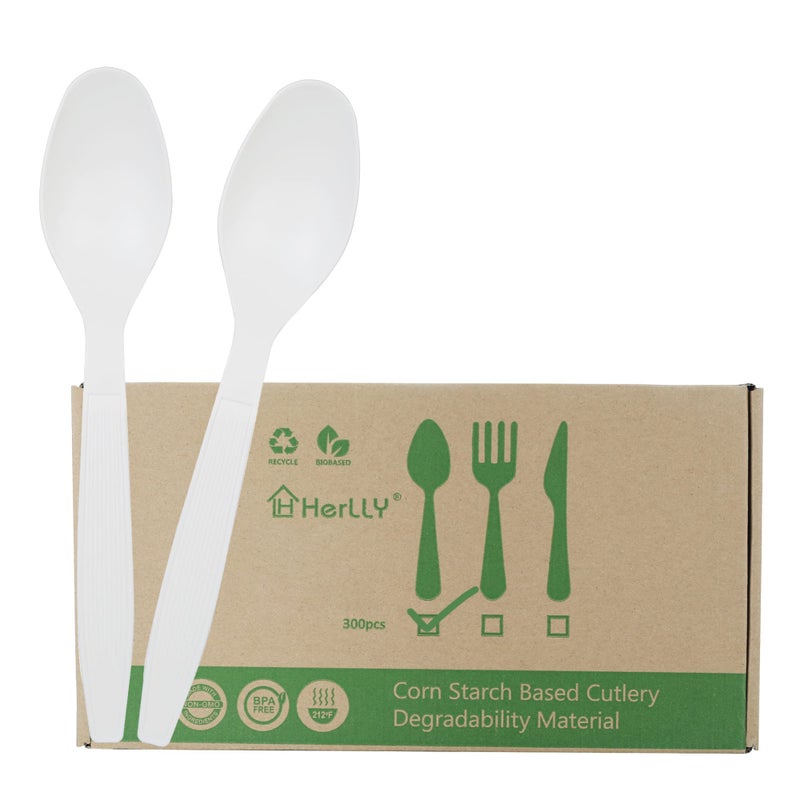 HERLLY HERLLY 300 Disposable Spoons Large Biodegradable EcoFriendly Durable and Heat Resistant Alternative to Plastic Spoons 